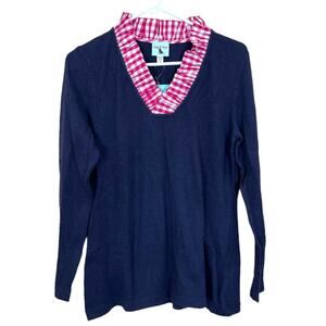 NEW Haley and the Hound Navy Blue Sweater Ruffle Collar Pink White Women's Small